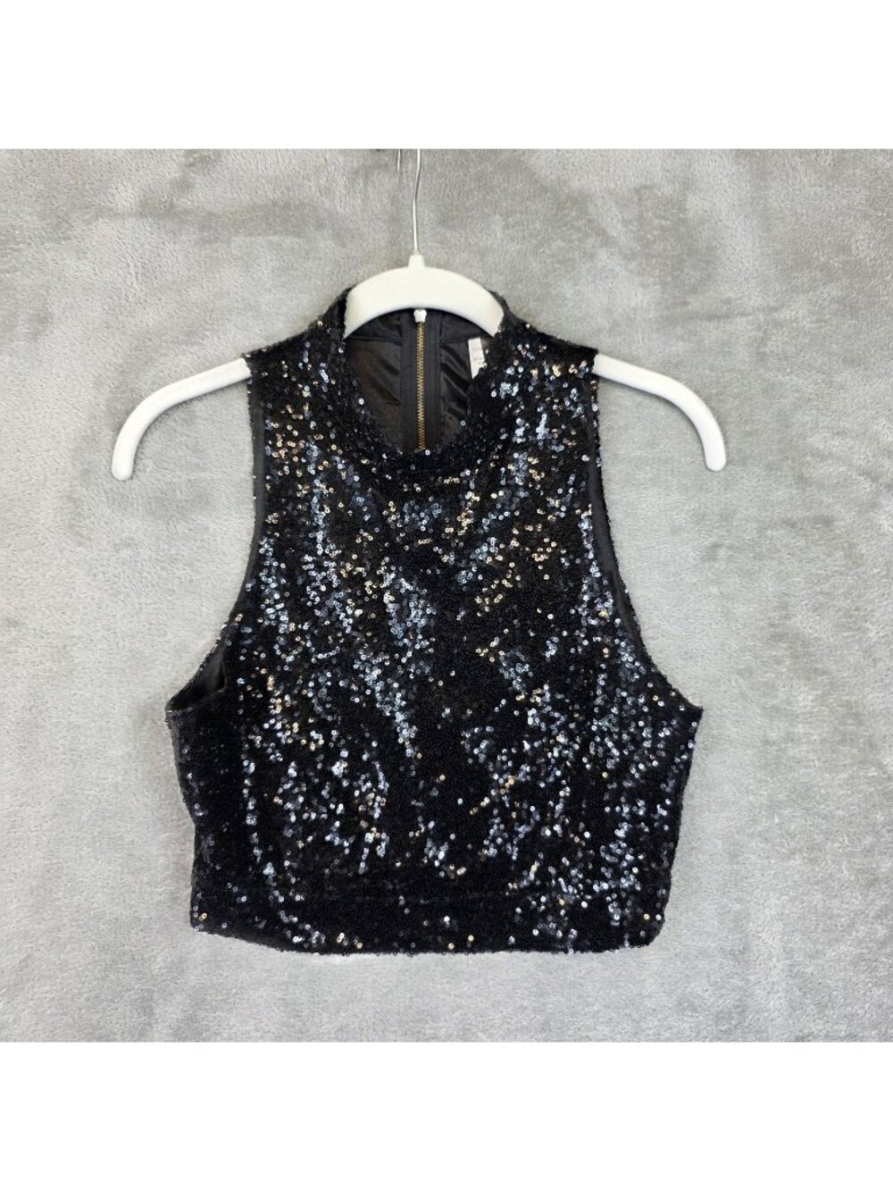 K TOO Tank Top Womens M Black Sequin Mock Neck Cropped Zip Back Party Sleeveless